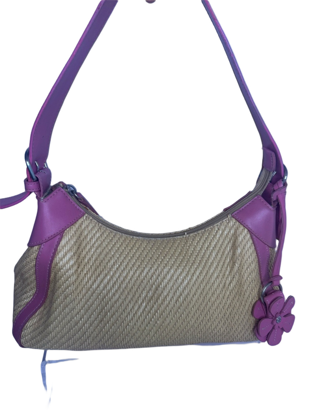#351 Fossil Straw and Pink Leather Hobo Shoulder Bag with Flower Charm